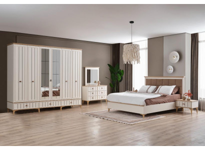 Beiges Schlafzimmer-Set Bettrahmen Kopfteil Kleiderschrank Schminktisch