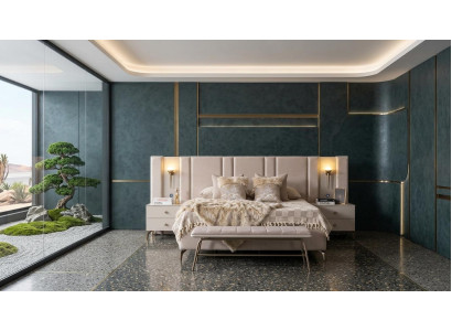 Bett 2x Nachttische Bank Schlafzimmer Stil modern beige komfortabel