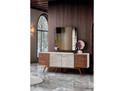 2tlg Sideboard Spiegel Modern Weiß Braun Elegant Kommode