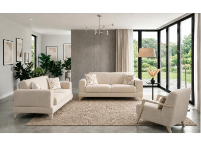 Wohnzimmer Set 2x 2-Sitzer Sofa Sessel Beige Stoff Modern