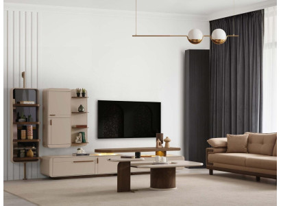 Wohnwand Beige TV Lowboard Wandregal Hängeschrank Holz