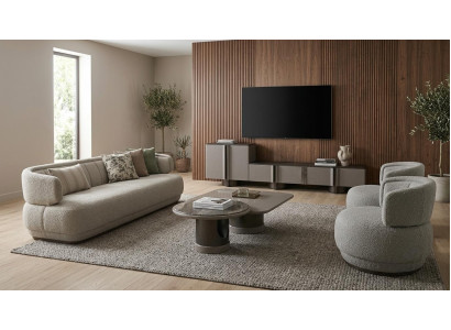 Wohnzimmer Set Grau Modern 3-Sitzer Sessel Lowboard Couchtisch Set