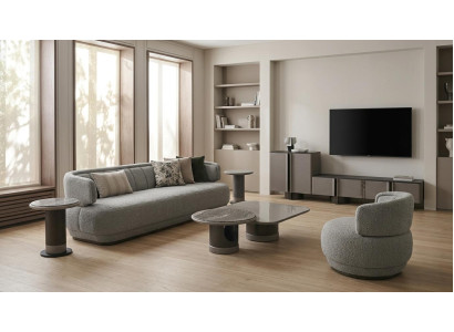 Wohnzimmer Set Grau Holz 3-Sitzer Sessel Couchtisch Lowboard Tisch