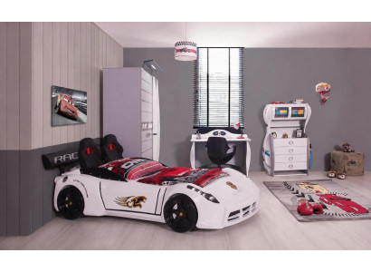 Autobett Kinderzimmer Set Weiß Schrank Schreibtisch Kommode