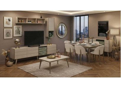 Wohnzimmer Set Beige Modern Esstisch 4x Stühle Tv Lowboard Tisch