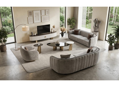 Wohnzimmer Set Grau Modern 2x 3-Sitzer Lowboard Couchtisch Set