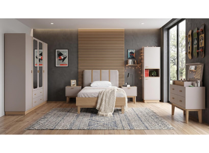 Beiges Jugendzimmer Bett Kleiderschrank Nachttische Kommode Bücherregal
