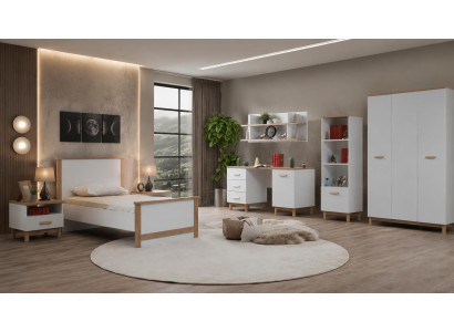 Weißes modernes Jugendzimmer Bett Kleiderschrank Schreibtisch Bücherregal