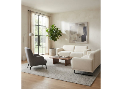 Wohnzimmer-Set 2x 3 Sitzer Sofa Weiß Sessel Hoher Rückenlehne Grau