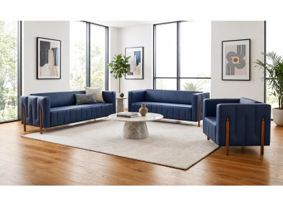 Zwei Dreisitzer Sofa Ein Sessel Kunstleder Blau Modern Komfort