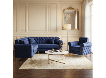 Wohnzimmer-Set Ecksofa Sessel Karo-Bezug Goldenen Metallbeinen