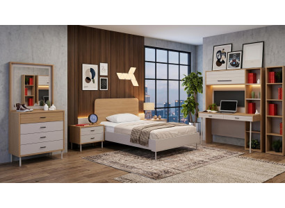 Weiß-braunes Jugendzimmer Bett Kommode Nachttische Schreibtisch Bücherregal