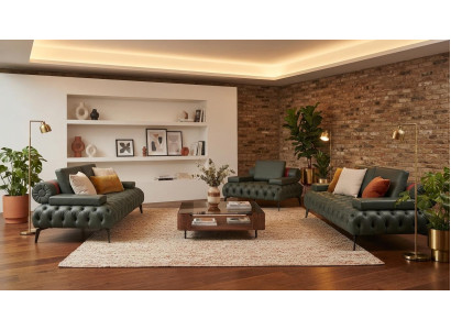 Zwei Dreisitzer Sofa Sessel Kunstleder Schwarz Chesterfield Elegant