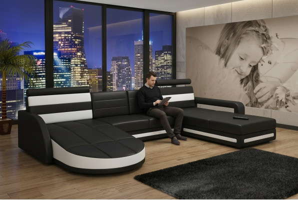 WOHNLANDSCHAFT COUCH GARNITUR DESIGN ECKCOUCH Braun-Beige LEDERSOFA XXL ECKSOFA