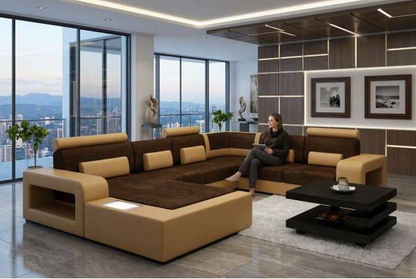 Sofa Sofagarnitur Stoff Textil Leder Sofa mit Beleuchtung Wohnlandschaft Couch !