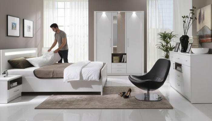 KOMPLETTES  SCHLAFZIMMER SET SCHRANK BETT BETTEN MIT  LED NEU  KOMMODE NEW YORK