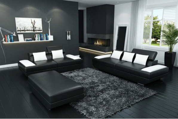 Sofagarnitur Ledersofa 3+2 Polster Couch Sofa Set Garnitur Hocker Sofas - 2719A