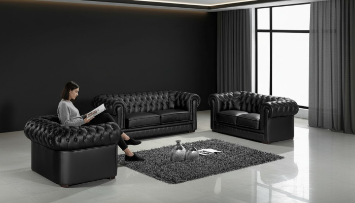 Schwarze Chesterfield Sofas 3+2+1 Set Polster Designer Sofas Garnitur