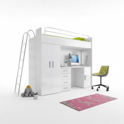 DOPPELSTOCKBETT STOCKBETT ETAGENBETT MIT SCHREIBTISCH+KLEIDERSCHRANK-RAJ 4D WEIß