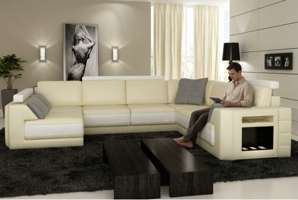 Designersofa Ecksofa Couch Ledersofa Polster Sitz Eck Garnitur +Licht PHM3027