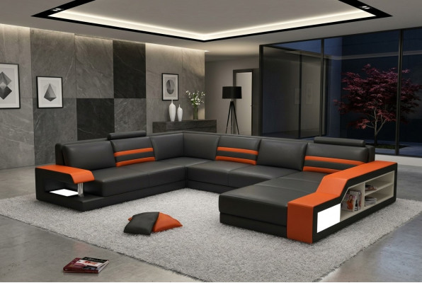 Designersofa Ecksofa Couch Ledersofa Polster Sitz Eck Garnitur mit Licht PHX1