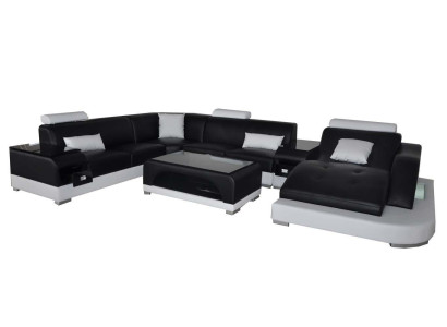 Leder Sofa mit USB Moderne Sitz Couch Polster Design Eck Couchen + Tisch + Licht