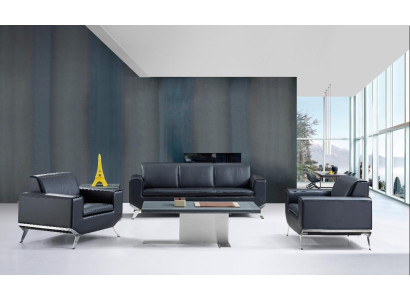 Ledersofa Set in Schwarz mit Edelstahl-Details, modernes Design