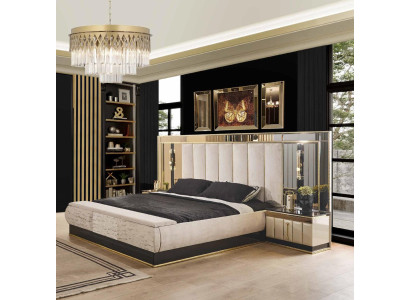 Bett 2 Nachttisch 3tlg Schlafzimm Luxus Designer Möbel Doppelbett Gold Hochglanz
