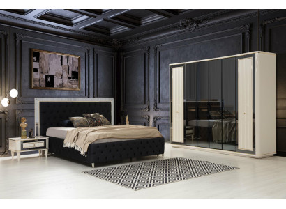 Modernes Schlafzimmer Set Schwarzes Bett + 2x Nachttische 4tlg. Kleiderschrank