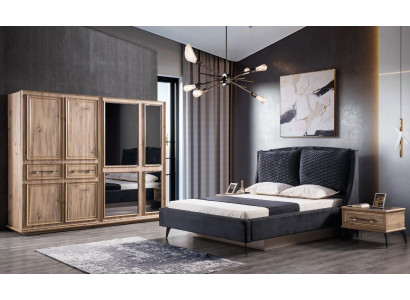 Schlafzimmer Set 4-teilig modernes Bett 2 Nachttische Kleiderschrank inklusive