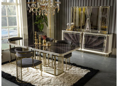 Esszimmer Set Gold 4x Stühle Esstisch Kommode Spiegel Design 7tlg.