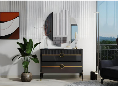Garnitur Kommode mit Spiegel Schrank Holzschrank Grau Schminkkommode