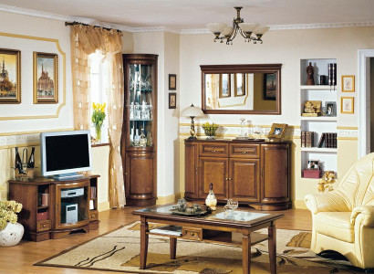 Stilvoller Wohnwand TV Lowboard Holzmöbel Eckvitrine Sideboard mit Spiegel Set