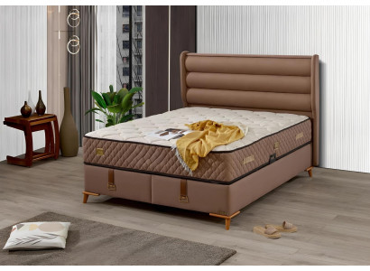 Hochwertiges braunes Holz-Textil Bett mit Matratze im eleganten Stil
