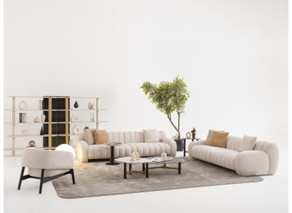 Moderner Wohnzimmer Set aus Textil und Holz in Beige