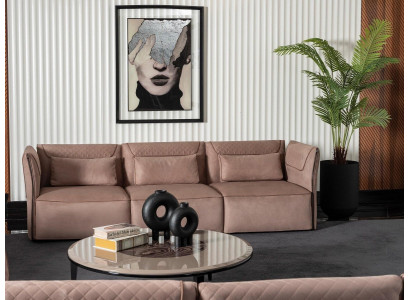 Elegantes Beiges 4-Sitzer-Sofa aus Textil und Holz