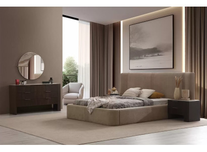 Beige-Braunes Schlafzimmer Set Textilbett Schminktisch Nachttische