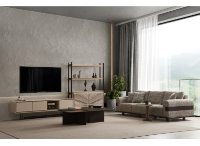 Beige Wohnzimmer Sitzgarnitur TV-Ständer Couchtisch Polstersofa