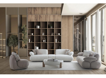 Weiß-Beige Wohnzimmer Sitzgarnitur 2x Stoffsofas Runder Tisch Sessel