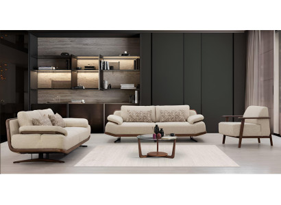 Beige 3+3+1 Sofa Set mit eleganten Linien und Holzdetails