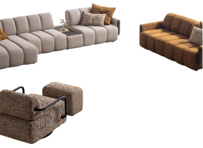 Stilvolle Wohnzimmer Sitzgarnitur Polster L-Form Couch Hocker Sessel