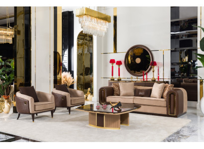 Modernes Beige-Braunes Wohnzimmer-Set 3-Sitzer Sofa 2x Sessel Tisch