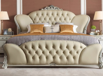 Luxuriöses Chesterfield Bett Beiges Kunstleder Bett Massivholz Bett