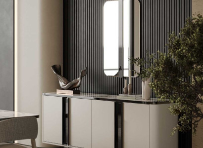 Stilvolles Beiges Sideboard Edler Spiegel Wohnzimmer Anrichte 2tlg