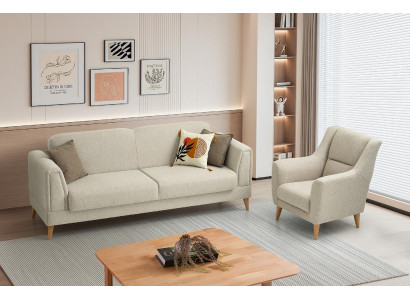 Beige Wohnzimmer Polstergarnitur Designer 3-Sitzer Textilsessel 2tlg